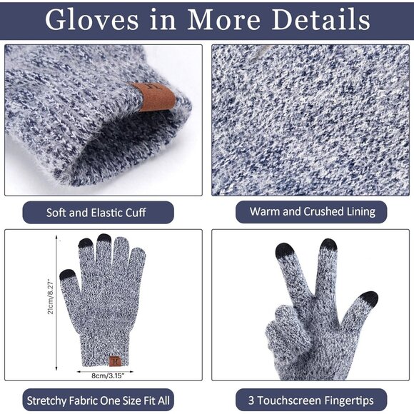 Women's Dark Blue Warm Knit Beanie Hat Touchscreen Gloves Long Neck Scarf Set - Picture 3 of 7